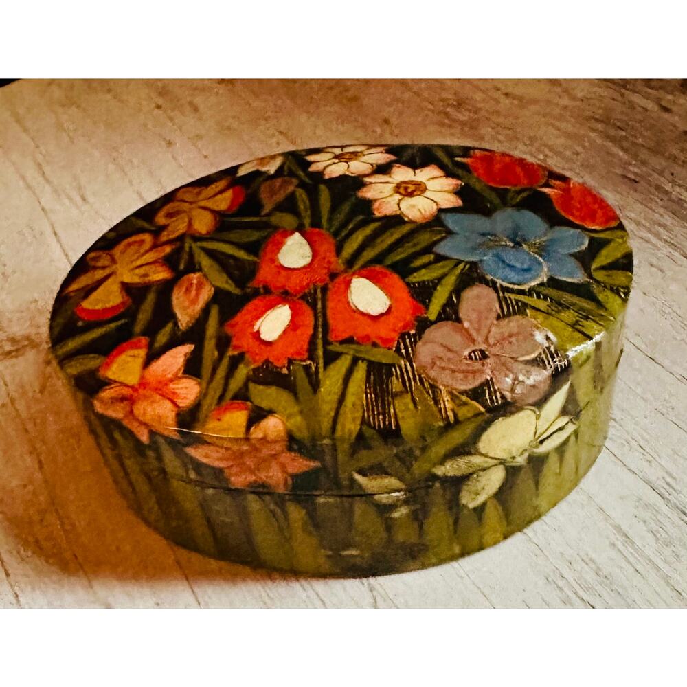 Vintage Kashmiri Paper Mache Trinket Box, Jewelry Box, Flower Box